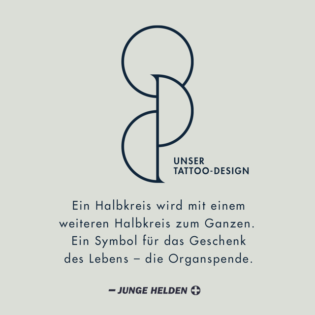 Grafik die das Tattoo-Design des OptInk-Tattoos erklärt: Ein Halbkreis und ein weiterer Halbrkeis werden zum Ganzen und symbolisieren damit das Geschenk des Lebens durch die Organspende.